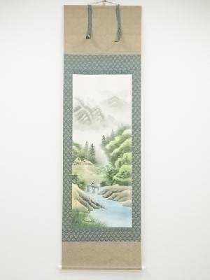 仙水筆　色山水　肉筆絹本掛軸（共箱）